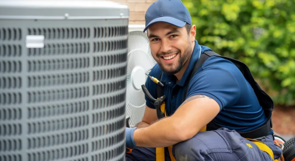 Certified HVAC technician servicing outdoor AC unit for a Colorado home